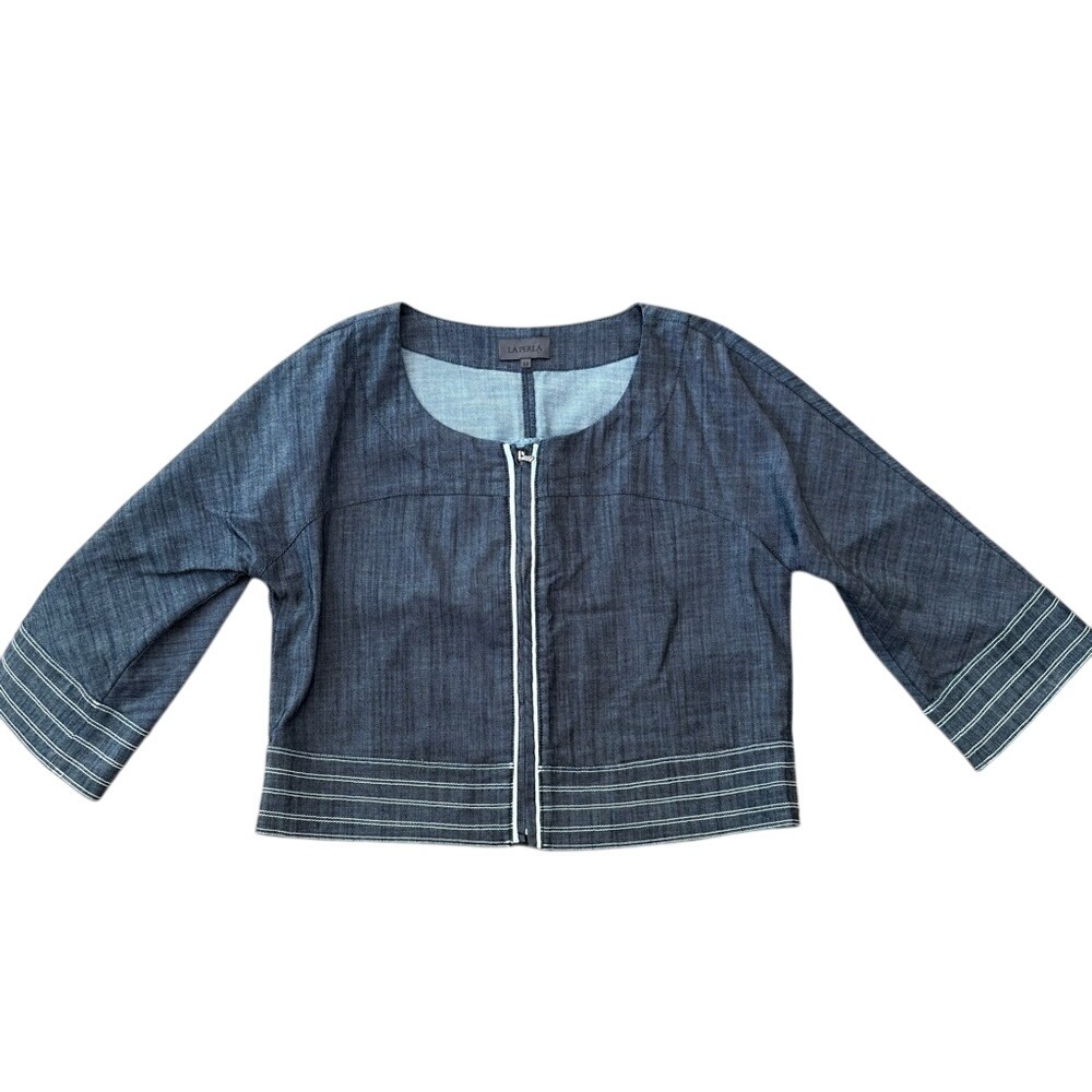 La‎ Perla Jean Shirt Jacket Denim Made in Italy Cropped Zipper WM's 42 Small EUC